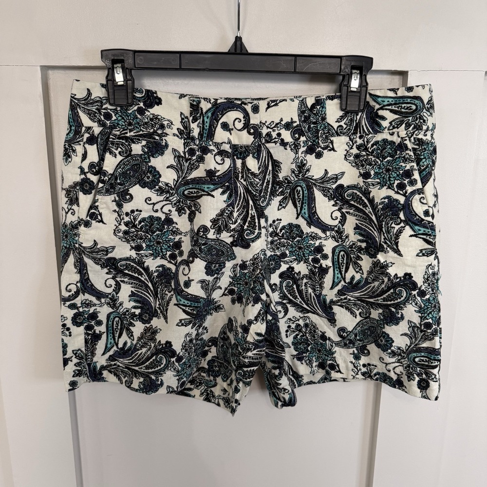 Ann Taylor LOFT Linen Blend Shorts Women's 4 Teal Floral Paisley Maximalist Chic